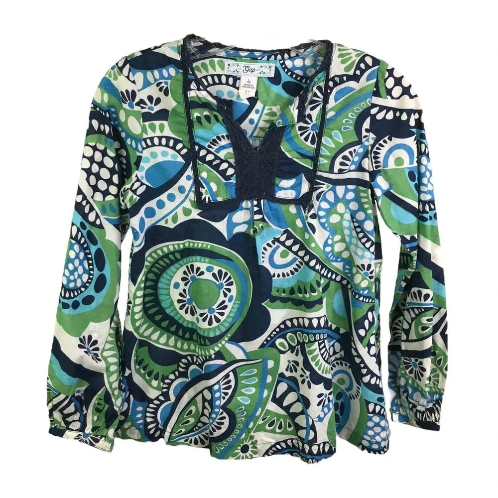 Gap Tunic Top Girls Large 10‎ Green Blue Paisley Boho Split Neck Crochet Trim